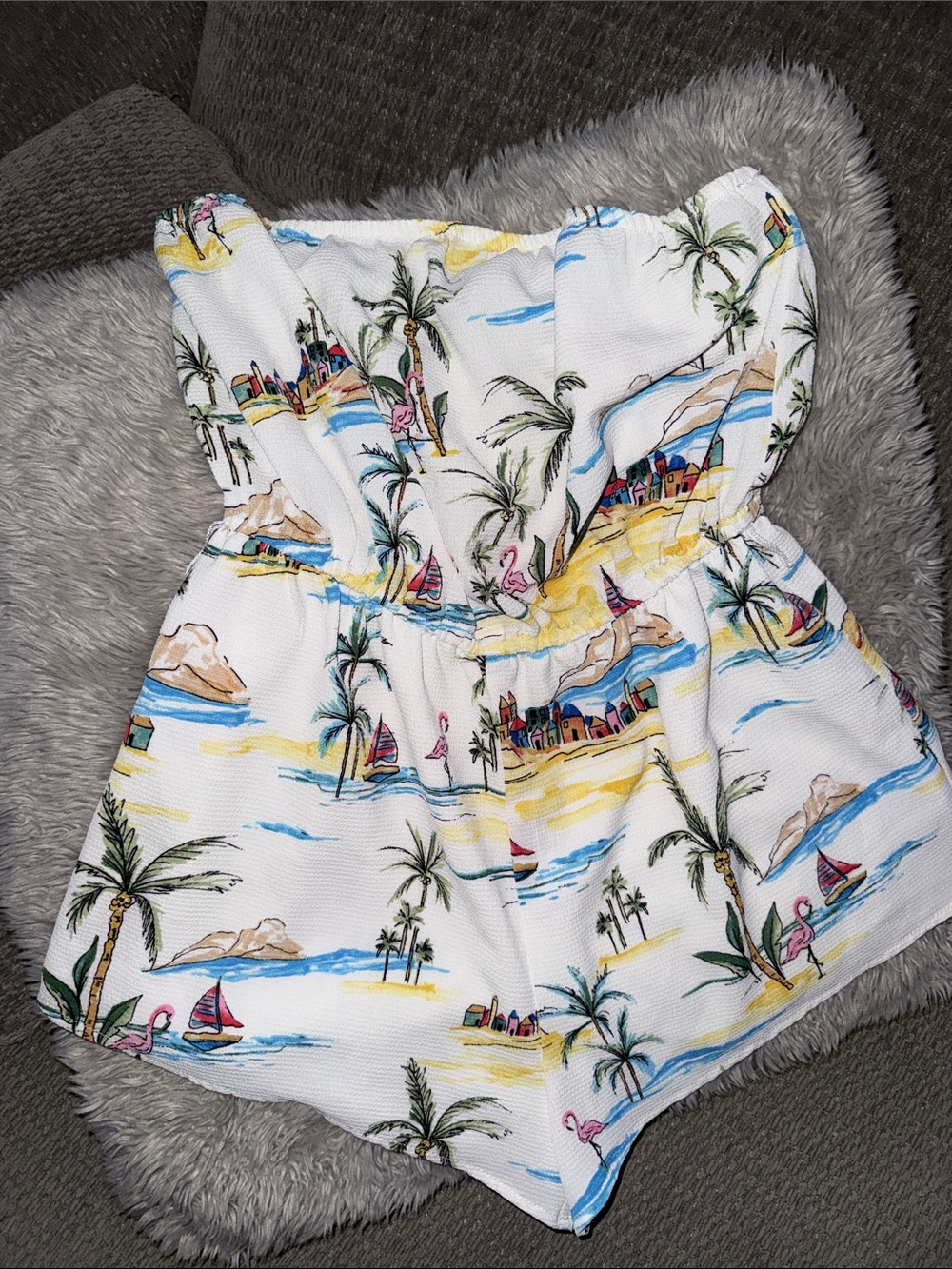 Forever 21 White Tropical Print Strapless Romper with Multicolor Beach Motif